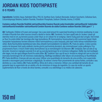 Tył Jordan Kids Toothpaste 0-5 lat, 150 ml, niebieskie opakowanie z informacjami o składnikach i fluorze.