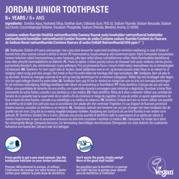 Jordan Junior pasta do zębów 6+ lat, tył opakowania z pełnym opisem, instrukcjami i fluorem 1450 ppm.