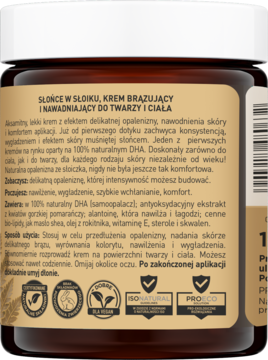 Tył transparentnego słoika kremu brązującego Słońce w Słoiku, beżowa etykieta z opisem i logo składników.