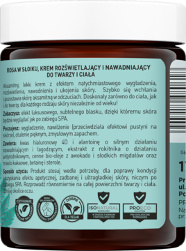 Tył ciemnego słoika kremu Rosa rozświetlająco-nawadniającego do twarzy i ciała, zielona etykieta z opisem.