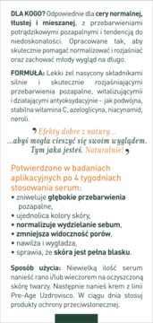 Fragment ulotki serum na przebarwienia z witaminą C i azeloglicyną, opis działania i składu na jasnym tle.