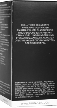 Czarny kartonik wybielającego płynu do ust PIUMA, z wielojęzycznym opisem i listą składników.