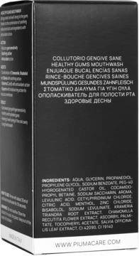 Boczna ściana czarnego pudełka PIUMA Healthy Gums Mouthwash z wielojęzycznymi nazwami i składem.