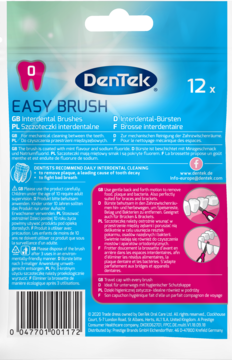 Tył niebieskiego opakowania DenTek Easy Brush, szczoteczek międzyzębowych z fluorem, 12 sztuk, rozmiar 0.