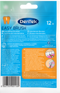 Tył niebiesko-białego opakowania DenTek Easy Brush szczoteczek międzyzębowych z fluorem, rozmiar 1, 12 sztuk.
