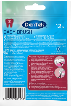 Tył opakowania DenTek Easy Brush, interdentalne szczoteczki z fluorem, rozmiar 2, 12 sztuk, widok z bliska.
