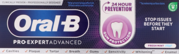 Oral-B Pro-Expert Advanced pasta do zębów, przód opakowania, ciemnofioletowe z niebieskim logo i różowym symbolem 24H ochrony dziąseł.