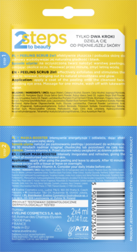 Tył dwuetapowego zabiegu Eveline 2 Steps to beauty: peeling i maska. Żółto-niebieskie opakowanie z opisem.