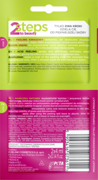 Eveline Cosmetics, tył opakowania dwuetapowego zabiegu peeling kwasowy + maseczka ratunkowa, różowo-zielone tło.