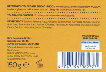 Tył żółtego opakowania mydła Isana Mleko&Miód, widoczne składniki, masa 150g i kod kreskowy.