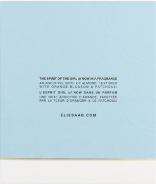 Elie Saab Girl Of Now, tył opakowania perfum, opis nut zapachowych: migdał, kwiat pomarańczy, paczula, na niebieskim tle.