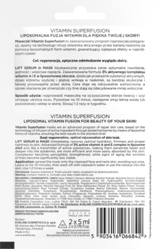 Tył opakowania Eveline Vitamin Superfusion Lift Serum In Mask 2x5ml, z tekstem w języku polskim i angielskim oraz kodem kreskowym.