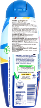 Niebieska butelka ISANA Kids 3w1 Psi Patrol, widok z tyłu, z informacjami o składzie i certyfikatami.