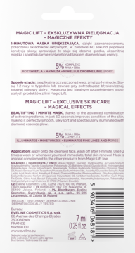 Tył opakowania maski Eveline Magic Lift 1-minutowa, 7ml, z kompleksem AHA+BHA, widoczny kod kreskowy.