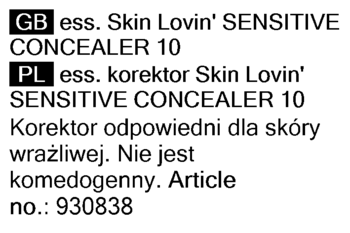 Tekst z opakowania korektora Essence Skin Lovin' Sensitive 10, opisujący go dla skóry wrażliwej.