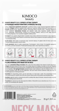 Tył opakowania maski KIMOCO Beauty S.O.S. Neck Mask Lifting Therapy z peptydami i kolagenem, instrukcje.