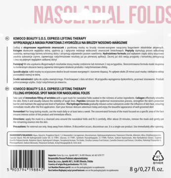 Tył białego opakowania maski hydrożelowej S.O.S. Nasolabial Folds Mask, z opisem i składnikami po polsku i angielsku.