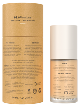 Tył opakowania i butelka kremu BB Resibo Self Love Light Beige z pompką, 98.6% naturalny, na beżowym tle.