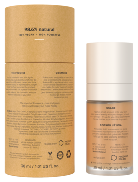 Wegański krem BB Resibo Self Love Sunny Beige, beżowa butelka i kartonik z tyłem, widoczny skład 98,6% naturalny.