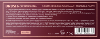 Tył ciemnoczerwonej palety do konturowania Brush! by Maxineczka z białymi napisami, kodem kreskowym i wagą 7,5g.