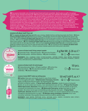 Zestaw matujący Essence All About Matt!: puder, bibułki, mgiełka utrwalająca. Widok z góry, biało-różowe opakowania.