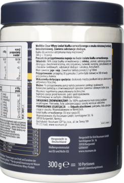 Tył przezroczystego opakowania WellMix Clear Whey protein o smaku mrożonej herbaty brzoskwiniowej, z polską etykietą.