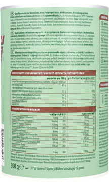 Tył opakowania WellMix Vegan Protein czekoladowo-orzechowy, zielona etykieta, tabelka odżywczych składników, tekst PL/DE.