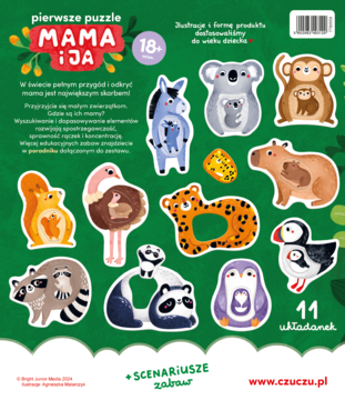 Okładka puzzli Pierwsze puzzle Mama i ja CzuCzu: zielone tło, zwierzęta z młodymi, 11 układanek, 18+.