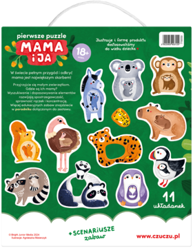 Front zielonego pudełka puzzli CzuCzu Mama i ja, z ilustracjami 11 par zwierząt i ich młodych, dla 18m+.