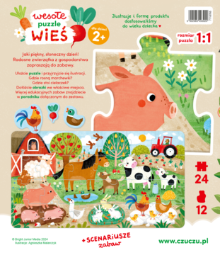 Opakowanie Czuczu Wesołe puzzle Wieś 2+, barwna ilustracja farmy ze zwierzętami i duży element świni. Zestaw 24 el.