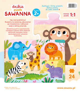 Kolorowe puzzle CzuCzu Dzikie Sawanna 24 el. z rysunkami zwierząt safari: małpa, lew, zebra, słoń.