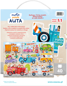 CzuCzu Moto puzzle Auta, tył opakowania z kolorową sceną uliczną, różnorodnymi autami i elementem holownika, 3+.