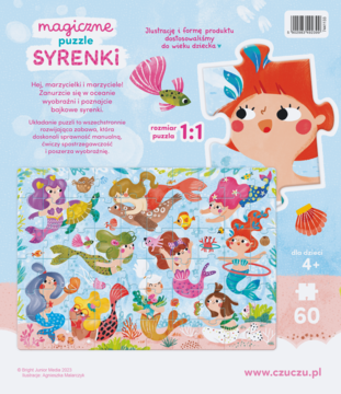 Opakowanie puzzli CzuCzu Syrenki 60 elementów, z obrazkiem podwodnego świata i wizerunkiem syrenki.