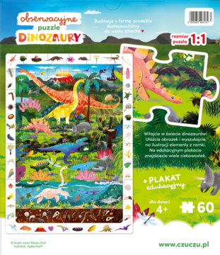 Pudełko puzzli CzuCzu Dinozaury, z barwną ilustracją wielu dinozaurów i ramką do wyszukiwania detali.