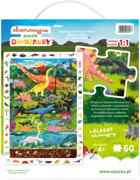 Tyl opakowania CzuCzu Obserwacyjne puzzle Dinozaury 60 el. dla 4+, z ilustracją układanki i plakatu edukacyjnego.
