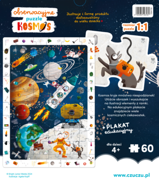 Opakowanie puzzli CzuCzu Obserwacyjne Kosmos 60 el. Ilustracja układu słonecznego, rakiet, astronautów, plakat.