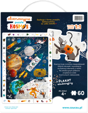 Tył opakowania CzuCzu Kosmos, puzzle obserwacyjne 60 el. Złożony obrazek kosmosu, planety, astronauta, pojedynczy element.