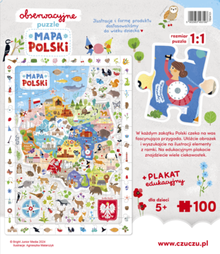 Opakowanie puzzli Czu Czu Mapa Polski 100 elem., widok przód i tył, z barwną mapą kraju.