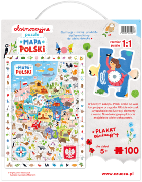 Czu Czu Obserwacyjne puzzle Mapa Polski 100 el. dla dzieci 5+, kolorowe pudełko z mapą i ilustracjami.