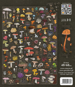 Puzzle CzuCzu Grzyby, tył opakowania: setki szczegółowych ilustracji różnobarwnych grzybów leśnych na czarnym tle.