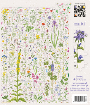 Puzzlove puzzle Czu Czu Kwiaty Polne: duża biała plansza z setkami szczegółowych ilustracji dzikich kwiatów.