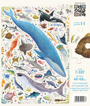 Puzzle CzuCzu Puzzlove Ryby i Zwierzęta Wodne, kolorowa grafika z licznymi morskimi stworzeniami i wielorybem.
