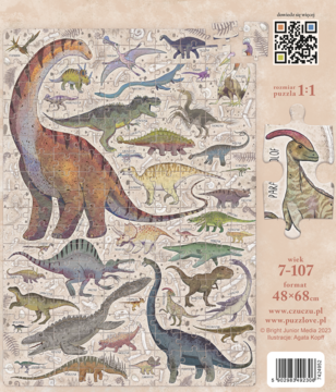 Puzzle CzuCzu Puzzlove Dinozaury: ilustracja gotowej układanki 48x68 cm z różnorodnymi dinozaurami i gadami.