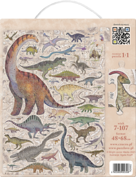 Puzzle Puzzlove CzuCzu Dinozaury, kolorowe gady na tle schematu szkieletów, z fragmentem puzzla z Parazaurolofem.