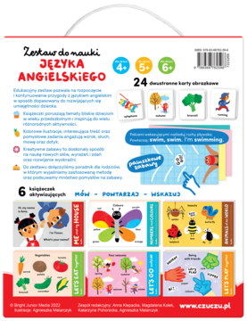 Tył kolorowego pudełka Zestawu do nauki angielskiego dla dzieci 4+. Widoczne 6 książeczek i 24 dwustronne karty.
