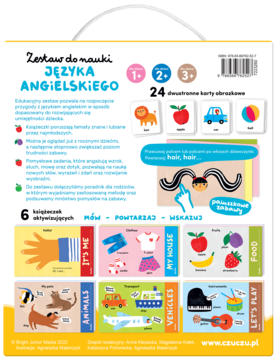 Tył zestawu do nauki angielskiego CzuCzu dla dzieci 1+, z książeczkami tematycznymi i 24 kartami obrazkowymi.