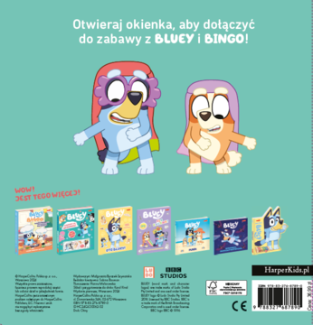 Tył książki Bluey i Bingo "Otwieraj okienka". Postacie jako superbohaterzy na zielonym tle, widoczne inne tytuły.