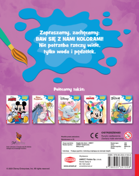 Tył wodnej kolorowanki Disney: fioletowe tło, niebieska plama, tekst o wodzie i pędzelku, polecane inne tytuły.