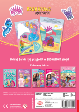 Tył okładki książeczki Barbie BROKATOWE ubieranki. Różowe tło, błyszczące stroje i akcesoria do stylizacji Barbie.