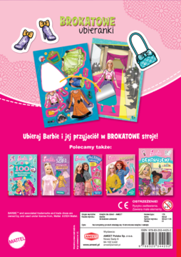 Tył różowej okładki książki Barbie Brokatowe Ubieranki, z napisem "Ubieraj Barbie i przyjaciół w brokatowe stroje!" i brokatowymi naklejkami.